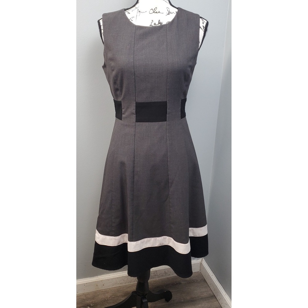 Calvin Klein Fit & Flare Dress Womens Small Multi Colorblock Round Neck Back Zip